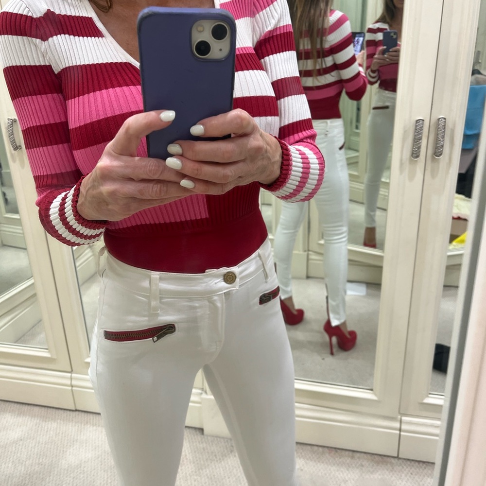 Etienne Marcel current white jeans with red zippers- still on the website
